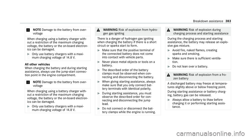 MERCEDES-BENZ C-CLASS CABRIOLET 2021 Owners Manual *
NO
TEDama getothe battery from over‐
vo ltage When
charging using a bat tery charge r with‐
out a restriction of the maximum charging
vo ltage, the battery or the on-board electron‐
ics can be MERCEDES-BENZ C-CLASS CABRIOLET 2021 Owners Manual *
NO
TEDama getothe battery from over‐
vo ltage When
charging using a bat tery charge r with‐
out a restriction of the maximum charging
vo ltage, the battery or the on-board electron‐
ics can be
