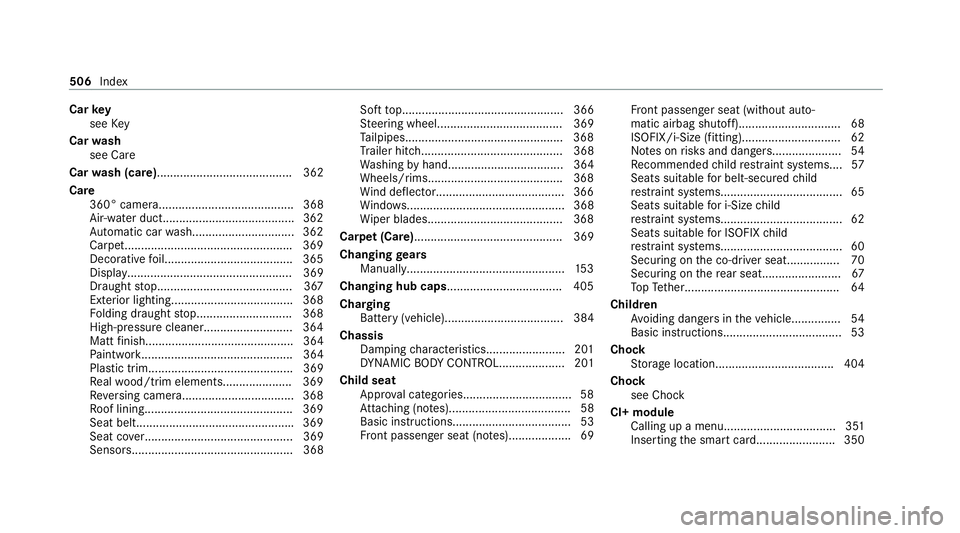 MERCEDES-BENZ C-CLASS CABRIOLET 2021 Owners Manual Car
key
see Key
Car wash
see Care
Car wash (care)......................................... 362
Care 360° camera......................................... 368
Air-water duct............................ MERCEDES-BENZ C-CLASS CABRIOLET 2021 Owners Manual Car
key
see Key
Car wash
see Care
Car wash (care)......................................... 362
Care 360° camera......................................... 368
Air-water duct............................