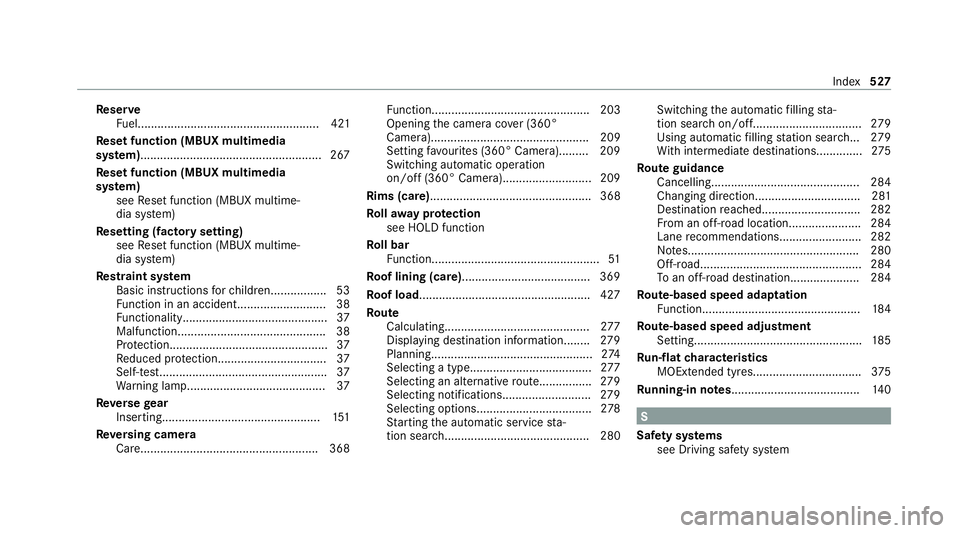 MERCEDES-BENZ C-CLASS CABRIOLET 2021  Owners Manual Re
ser ve
Fu el....................................................... 421
Re set function (MBUX multimedia
sy stem)....................................................... 267
Re set function (MBUX mu