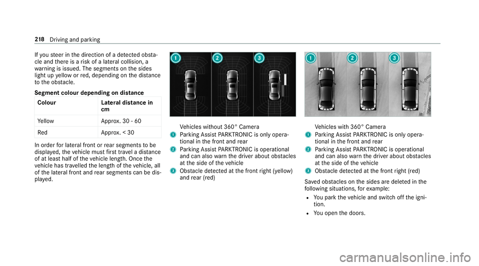MERCEDES-BENZ C-CLASS CABRIOLET 2018 Owners Manual If
yo usteer in the direction of a de tected obs ta‐
cle and there is a risk of a lateral collision, a
wa rning is issued. The segments on the sides
light up yellow or red, depending on the dis tanc MERCEDES-BENZ C-CLASS CABRIOLET 2018 Owners Manual If
yo usteer in the direction of a de tected obs ta‐
cle and there is a risk of a lateral collision, a
wa rning is issued. The segments on the sides
light up yellow or red, depending on the dis tanc