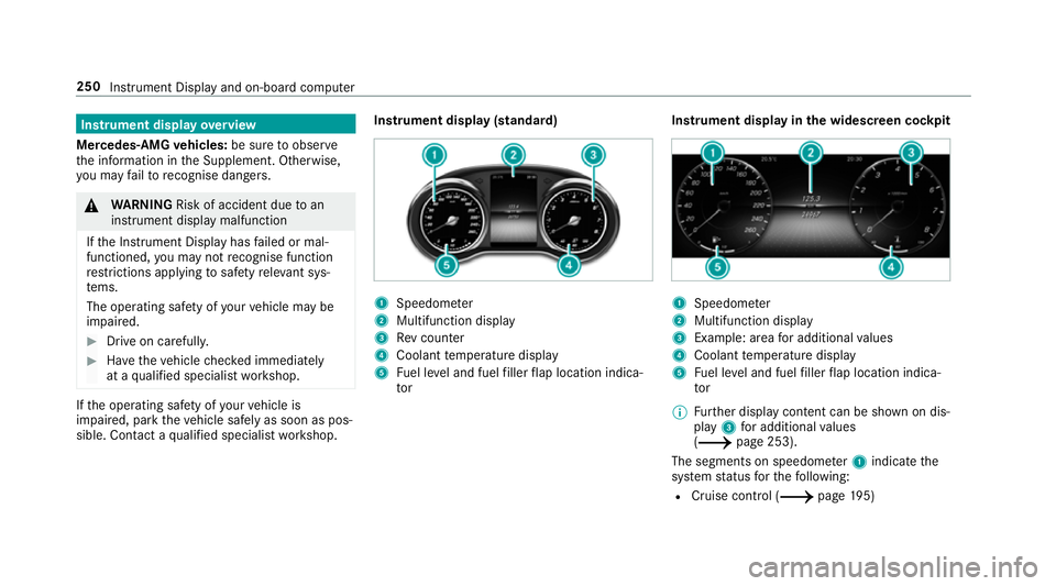 MERCEDES-BENZ C-CLASS CABRIOLET 2018 Owners Manual Instrument display
overview
Mercedes-AMG vehicles: be sure toobser ve
th e information in the Supplement. Otherwise,
yo u may failto recognise dangers. 000A
WARNING Risk of accident due toan
instrumen MERCEDES-BENZ C-CLASS CABRIOLET 2018 Owners Manual Instrument display
overview
Mercedes-AMG vehicles: be sure toobser ve
th e information in the Supplement. Otherwise,
yo u may failto recognise dangers. 000A
WARNING Risk of accident due toan
instrumen