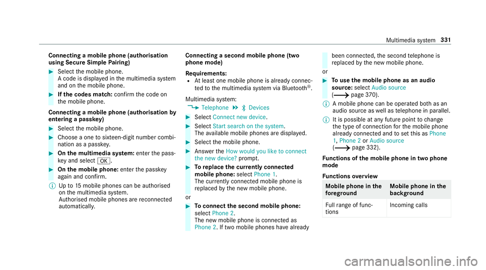 MERCEDES-BENZ C-CLASS CABRIOLET 2018 Owners Manual Connecting a mobile phone (au
thorisation
using Secure Simple Pairing) 0007
Select the mobile phone.
A code is displa yed in the multimedia sy stem
and on the mobile phone. 0007
Ifth e codes match: co MERCEDES-BENZ C-CLASS CABRIOLET 2018 Owners Manual Connecting a mobile phone (au
thorisation
using Secure Simple Pairing) 0007
Select the mobile phone.
A code is displa yed in the multimedia sy stem
and on the mobile phone. 0007
Ifth e codes match: co