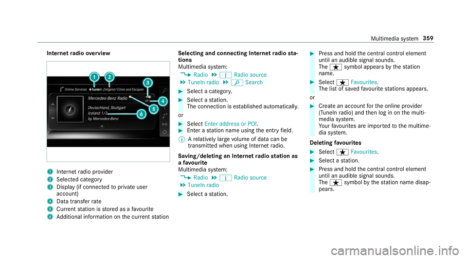 MERCEDES-BENZ C-CLASS CABRIOLET 2018 Owners Manual Internet
radio overview 1
Inte rn et radio pr ovider
2 Selec ted category
3 Display (if connec tedto private user
account)
4 Data transfer rate
5 Current station is stored as a favo urite
6 Additional MERCEDES-BENZ C-CLASS CABRIOLET 2018 Owners Manual Internet
radio overview 1
Inte rn et radio pr ovider
2 Selec ted category
3 Display (if connec tedto private user
account)
4 Data transfer rate
5 Current station is stored as a favo urite
6 Additional
