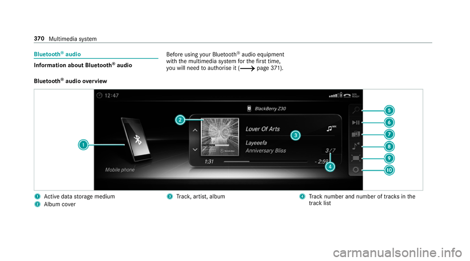 MERCEDES-BENZ C-CLASS CABRIOLET 2018 Owners Manual Blue
tooth ®
audio Information about Blue
tooth ®
audio Before using
your Blue tooth®
audio equipment
with the multimedia sy stem forth efirs t time,
yo u will need toauthorise it (0013 page371).
B MERCEDES-BENZ C-CLASS CABRIOLET 2018 Owners Manual Blue
tooth ®
audio Information about Blue
tooth ®
audio Before using
your Blue tooth®
audio equipment
with the multimedia sy stem forth efirs t time,
yo u will need toauthorise it (0013 page371).
B