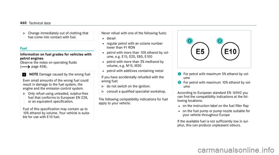 MERCEDES-BENZ C-CLASS CABRIOLET 2018 Owners Manual 0007
Chan geimmediately out of clo thing that
has come into con tact wi thfuel. Fu
el Information on fuel
grades forve hicles with
petrol engines
Obser vethe no tes on operating fluids
(0013 page 458) MERCEDES-BENZ C-CLASS CABRIOLET 2018 Owners Manual 0007
Chan geimmediately out of clo thing that
has come into con tact wi thfuel. Fu
el Information on fuel
grades forve hicles with
petrol engines
Obser vethe no tes on operating fluids
(0013 page 458)