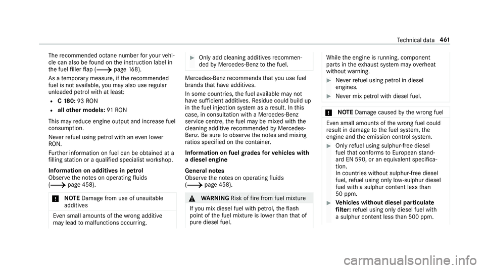 MERCEDES-BENZ C-CLASS CABRIOLET 2018 Owners Manual The
recommended octane number foryo ur vehi‐
cle can also be found on the instruction label in
th e fuel filler flap (0013 page168).
As a temp orary measure, if there commended
fuel is not available MERCEDES-BENZ C-CLASS CABRIOLET 2018 Owners Manual The
recommended octane number foryo ur vehi‐
cle can also be found on the instruction label in
th e fuel filler flap (0013 page168).
As a temp orary measure, if there commended
fuel is not available