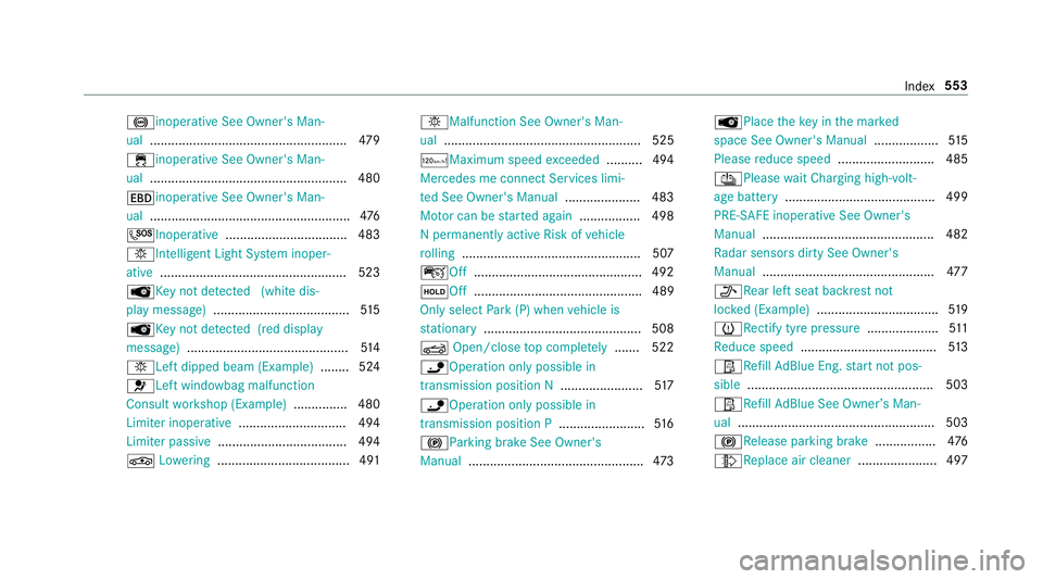 MERCEDES-BENZ C-CLASS CABRIOLET 2018 Owners Manual 0025inope
rative See Owner's Man‐
ual ....................................................... 479
00E5 inope rative See Owner's Man‐
ual ................................................... MERCEDES-BENZ C-CLASS CABRIOLET 2018 Owners Manual 0025inope
rative See Owner's Man‐
ual ....................................................... 479
00E5 inope rative See Owner's Man‐
ual ...................................................