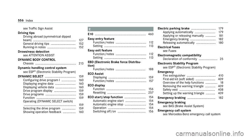 MERCEDES-BENZ C-CLASS CABRIOLET 2018 Owners Manual see
Traf fic Sign Assi st
Driving tips Driving abroad (symmetrical dipped
beam) .................................................. 127
Gene ral driving tips ............................ .152
Ru nning- MERCEDES-BENZ C-CLASS CABRIOLET 2018 Owners Manual see
Traf fic Sign Assi st
Driving tips Driving abroad (symmetrical dipped
beam) .................................................. 127
Gene ral driving tips ............................ .152
Ru nning-