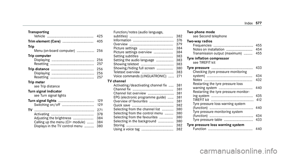MERCEDES-BENZ C-CLASS CABRIOLET 2018 Owners Manual Tr
anspo rting
Ve hicle ................................................ 425
Tr im element (Care) ................................ 405
Tr ip
Menu (on-board computer) .................. 256
Tr ip compu MERCEDES-BENZ C-CLASS CABRIOLET 2018 Owners Manual Tr
anspo rting
Ve hicle ................................................ 425
Tr im element (Care) ................................ 405
Tr ip
Menu (on-board computer) .................. 256
Tr ip compu