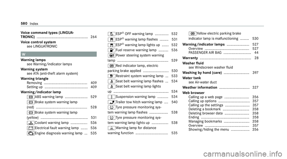 MERCEDES-BENZ C-CLASS CABRIOLET 2018 Owners Manual Vo
ice command types (LINGUA‐
TRONIC) .................................................... 264
Vo ice control sy stem
see LINGU ATRO NIC W
Wa rning lamps
see Warning/indicator lamps
Wa rning sy stem MERCEDES-BENZ C-CLASS CABRIOLET 2018 Owners Manual Vo
ice command types (LINGUA‐
TRONIC) .................................................... 264
Vo ice control sy stem
see LINGU ATRO NIC W
Wa rning lamps
see Warning/indicator lamps
Wa rning sy stem