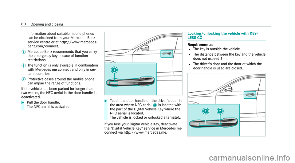 MERCEDES-BENZ C-CLASS CABRIOLET 2018 Manual Online Information about suitable mobile phones
can be obtained from your Mercedes-Benz
service centre or at http://www.mercedes-
benz.com/connect.
0009 Mercedes-Benz recommends that you car ry
th e emer gen MERCEDES-BENZ C-CLASS CABRIOLET 2018 Manual Online Information about suitable mobile phones
can be obtained from your Mercedes-Benz
service centre or at http://www.mercedes-
benz.com/connect.
0009 Mercedes-Benz recommends that you car ry
th e emer gen