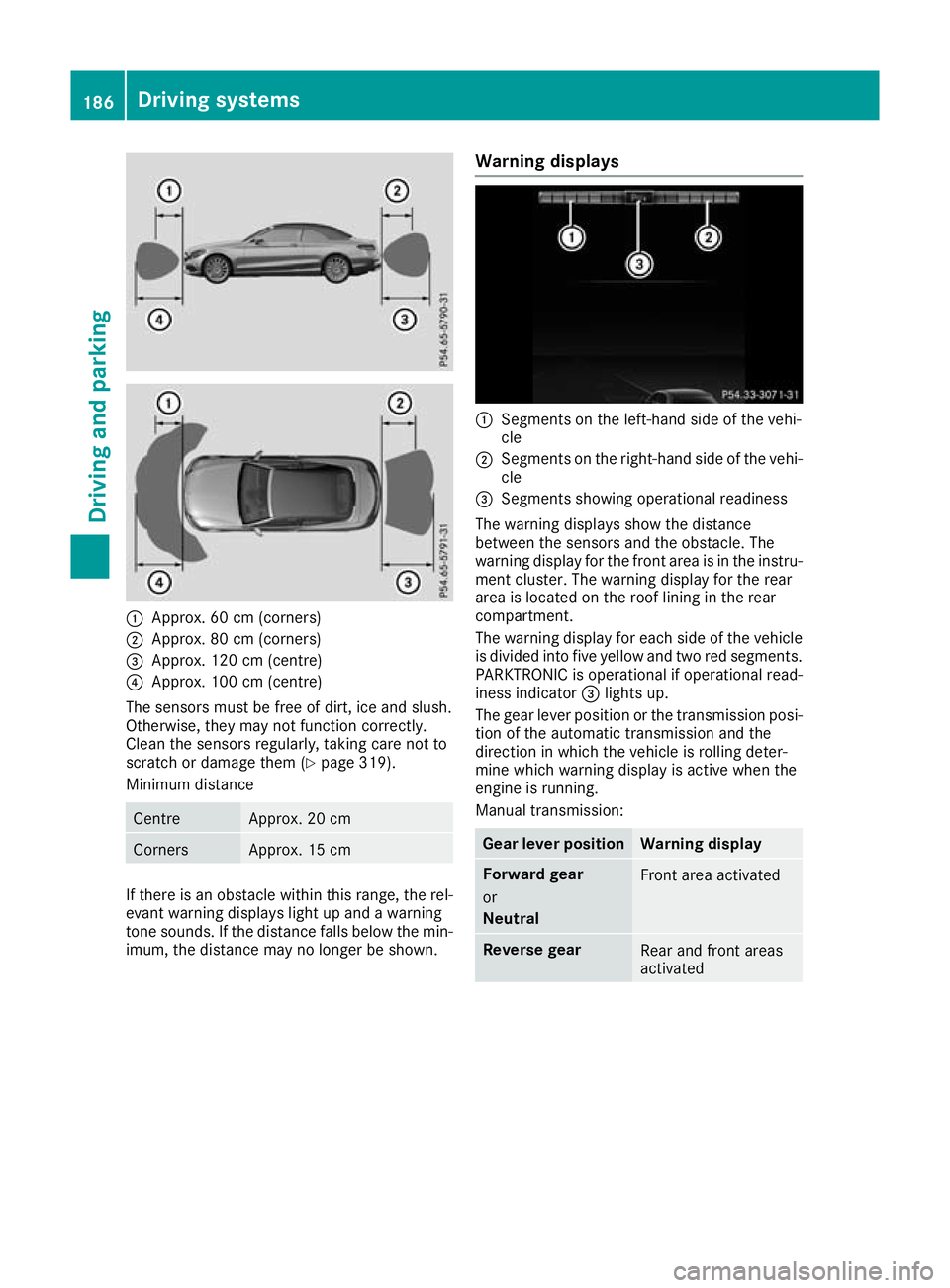 MERCEDES-BENZ C-CLASS CABRIOLET 2016 Owners Manual :
Approx. 60 cm (corners)
; Approx. 80 cm (corners)
= Approx. 120 cm (centre)
? Approx. 100 cm (centre)
The sensors must be free of dirt, ice and slush.
Otherwise, they may not function correctly.
Cle MERCEDES-BENZ C-CLASS CABRIOLET 2016 Owners Manual :
Approx. 60 cm (corners)
; Approx. 80 cm (corners)
= Approx. 120 cm (centre)
? Approx. 100 cm (centre)
The sensors must be free of dirt, ice and slush.
Otherwise, they may not function correctly.
Cle