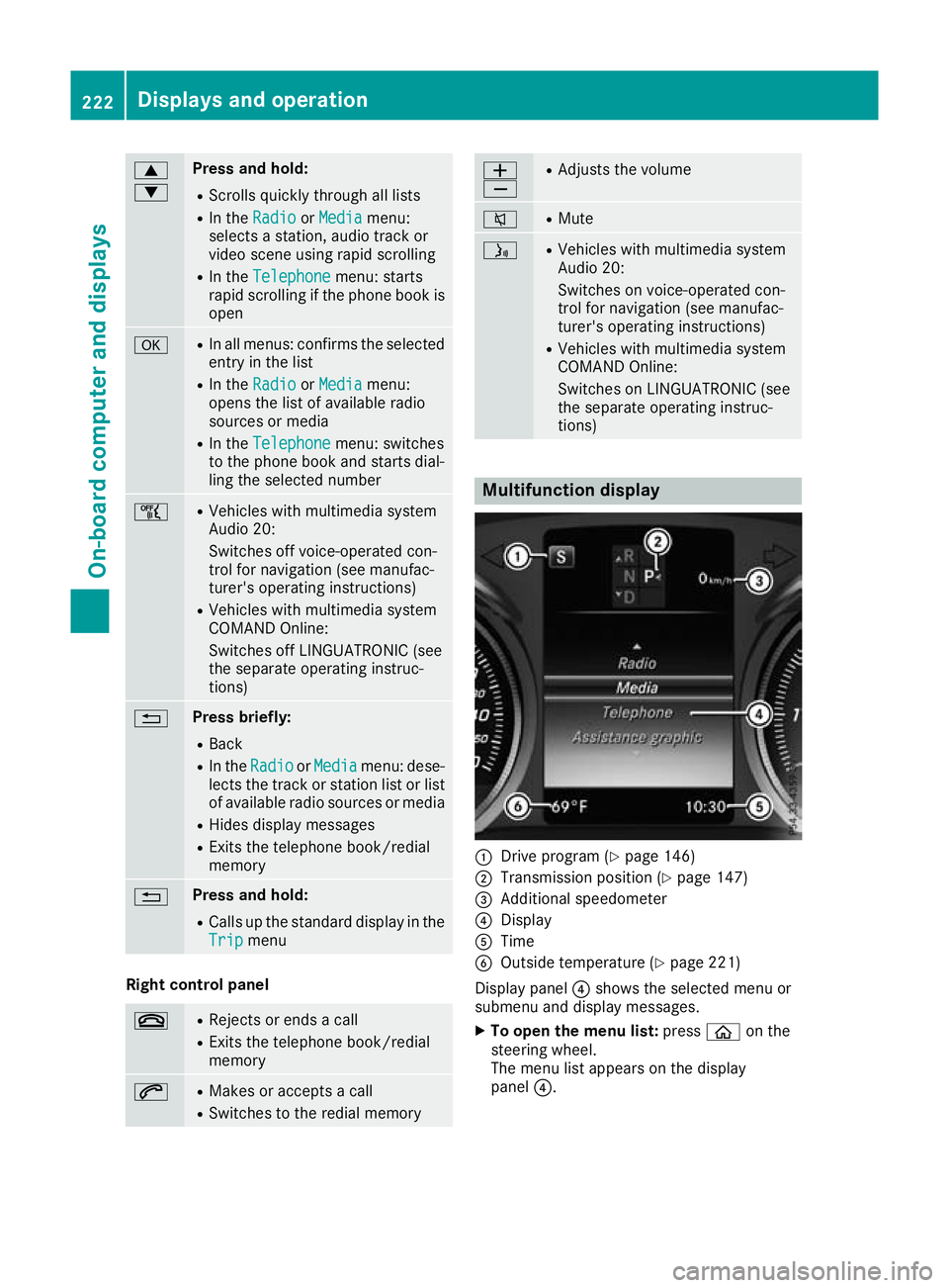 MERCEDES-BENZ C-CLASS CABRIOLET 2016 Owners Manual 9
: Press and hold:
R
Scrolls quickly through all lists
R In the Radio Radio orMedia Media menu:
selects a station, audio track or
video scene using rapid scrolling
R In the Telephone Telephone menu: MERCEDES-BENZ C-CLASS CABRIOLET 2016 Owners Manual 9
: Press and hold:
R
Scrolls quickly through all lists
R In the Radio Radio orMedia Media menu:
selects a station, audio track or
video scene using rapid scrolling
R In the Telephone Telephone menu: