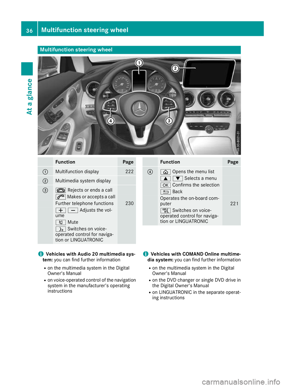 MERCEDES-BENZ C-CLASS CABRIOLET 2016 Owners Manual Multifunction steering wheel
Function Page
:
Multifunction display 222
;
Multimedia system display
=
~
Rejects or ends a call 6
Makes or accepts a call Further telephone functions 230
WXAdjusts the vo MERCEDES-BENZ C-CLASS CABRIOLET 2016 Owners Manual Multifunction steering wheel
Function Page
:
Multifunction display 222
;
Multimedia system display
=
~
Rejects or ends a call 6
Makes or accepts a call Further telephone functions 230
WXAdjusts the vo