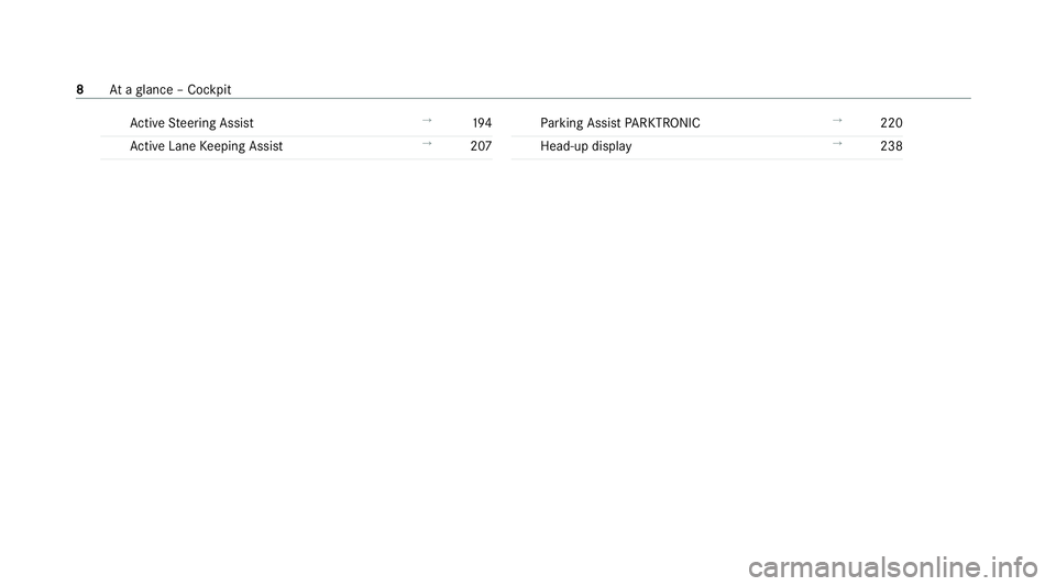 MERCEDES-BENZ C-CLASS COUPE 2021 User Guide Ac
tive Steering Assist →
194
Ac tive Lane Keeping Assist →
207 Pa
rking Assist PARKTRONIC →
220
Head-up display →
238 8
Ataglance – Cockpit MERCEDES-BENZ C-CLASS COUPE 2021 User Guide Ac
tive Steering Assist →
194
Ac tive Lane Keeping Assist →
207 Pa
rking Assist PARKTRONIC →
220
Head-up display →
238 8
Ataglance – Cockpit