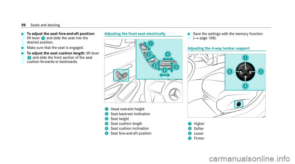 MERCEDES-BENZ C-CLASS COUPE 2021 Owners Manual #
Toadjust the seat fore -and-aft position:
lift le ver4 and slide the seat into the
desired position. #
Make sure that the seat is engaged. #
Toadjust the seat cushion length: lift lever
5 and slide MERCEDES-BENZ C-CLASS COUPE 2021 Owners Manual #
Toadjust the seat fore -and-aft position:
lift le ver4 and slide the seat into the
desired position. #
Make sure that the seat is engaged. #
Toadjust the seat cushion length: lift lever
5 and slide
