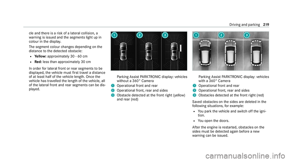 MERCEDES-BENZ C-CLASS COUPE 2021 Owners Manual cle and
there is a risk of a lateral collision, a
wa rning is issued and the segments light up in
colour in the displa y.
The segment colour changes depending on the
dis tance tothe de tected obs tacl MERCEDES-BENZ C-CLASS COUPE 2021 Owners Manual cle and
there is a risk of a lateral collision, a
wa rning is issued and the segments light up in
colour in the displa y.
The segment colour changes depending on the
dis tance tothe de tected obs tacl