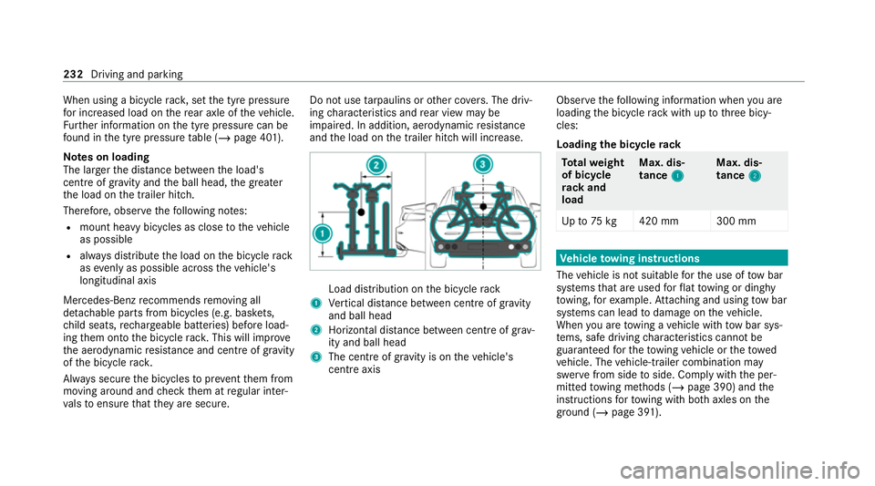 MERCEDES-BENZ C-CLASS COUPE 2021 Owners Manual When using a bicycle
rack , set the tyre pressure
fo r increased load on there ar axle of theve hicle.
Fu rther information on the tyre pressure can be
fo und in the tyre pressure table (/ page 401).
MERCEDES-BENZ C-CLASS COUPE 2021 Owners Manual When using a bicycle
rack , set the tyre pressure
fo r increased load on there ar axle of theve hicle.
Fu rther information on the tyre pressure can be
fo und in the tyre pressure table (/ page 401).