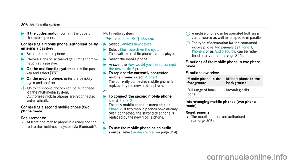 MERCEDES-BENZ C-CLASS COUPE 2021 Owners Manual #
Ifth e codes match: confirm the code on
th e mobile phone.
Connecting a mobile phone (authorisation by
entering a passk ey)#
Select the mobile phone. #
Choose a one tosixteen-digit number combi‐
n MERCEDES-BENZ C-CLASS COUPE 2021 Owners Manual #
Ifth e codes match: confirm the code on
th e mobile phone.
Connecting a mobile phone (authorisation by
entering a passk ey)#
Select the mobile phone. #
Choose a one tosixteen-digit number combi‐
n