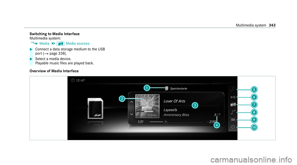 MERCEDES-BENZ C-CLASS COUPE 2021  Owners Manual Switching
toMedia Inter face
Multimedia sy stem:
4 Media 5
à Media sources #
Connect a data storage medium tothe USB
port (/ page 338). #
Select a media device.
Playable music files are pla yed bac k