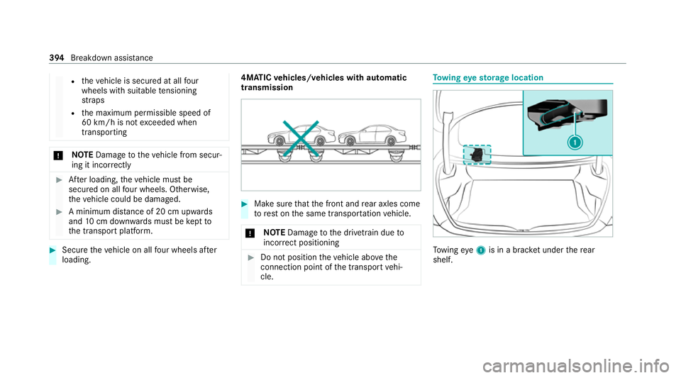 MERCEDES-BENZ C-CLASS COUPE 2021 Owners Manual R
theve hicle is secured at all four
wheels with suitable tensioning
st ra ps
R the maximum permissible speed of
60 km/h is not exceeded when
transporting *
NO
TEDama getotheve hicle from secur‐
ing MERCEDES-BENZ C-CLASS COUPE 2021 Owners Manual R
theve hicle is secured at all four
wheels with suitable tensioning
st ra ps
R the maximum permissible speed of
60 km/h is not exceeded when
transporting *
NO
TEDama getotheve hicle from secur‐
ing