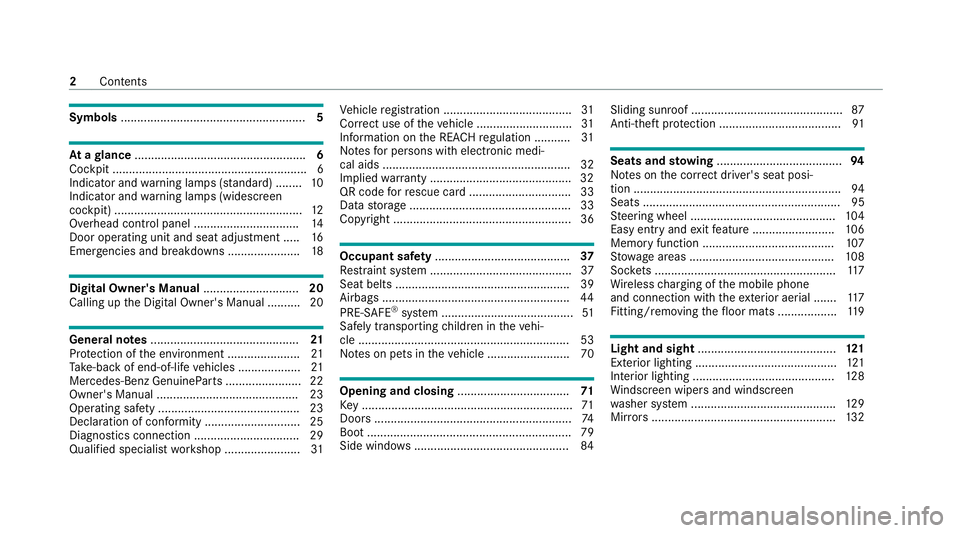 MERCEDES-BENZ C-CLASS COUPE 2021 Owners Manual Symbols
........................................................ 5At
agl ance .................................................... 6
Cockpit ........................................................... MERCEDES-BENZ C-CLASS COUPE 2021 Owners Manual Symbols
........................................................ 5At
agl ance .................................................... 6
Cockpit ...........................................................