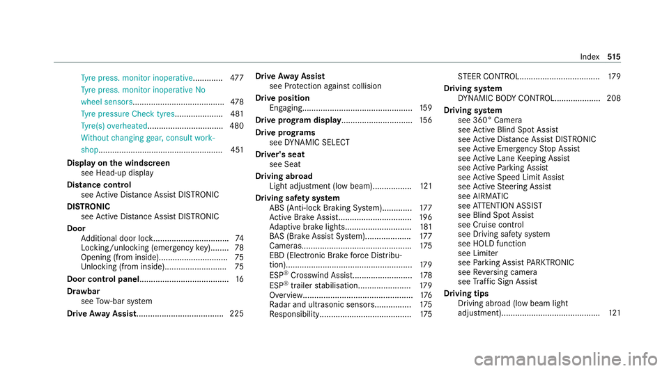 MERCEDES-BENZ C-CLASS COUPE 2021 Owners Manual Ty
re press. monitor inoperative.............4 77
Ty re press. monitor inoperative No
wheel sensors ........................................ 478
Ty re pressure Check tyres .....................481
Ty MERCEDES-BENZ C-CLASS COUPE 2021 Owners Manual Ty
re press. monitor inoperative.............4 77
Ty re press. monitor inoperative No
wheel sensors ........................................ 478
Ty re pressure Check tyres .....................481
Ty