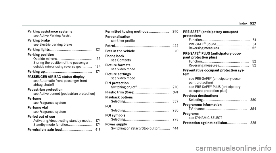 MERCEDES-BENZ C-CLASS COUPE 2021 Owners Manual Pa
rking assistance sy stems
see Active Parking Assist
Pa rking brake
see Electric parking brake
Pa rking lights............................................ .121
Pa rking position
Outside mir rors.... MERCEDES-BENZ C-CLASS COUPE 2021 Owners Manual Pa
rking assistance sy stems
see Active Parking Assist
Pa rking brake
see Electric parking brake
Pa rking lights............................................ .121
Pa rking position
Outside mir rors....