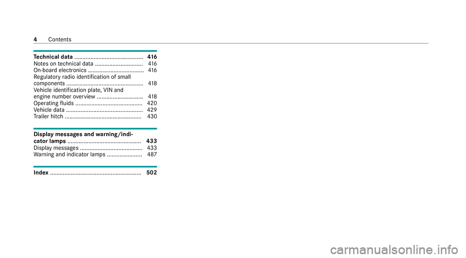 MERCEDES-BENZ C-CLASS COUPE 2021  Owners Manual Te
ch nical data ........................................... 416
No tes on tech nical da ta.............................. 416
On-board electronics ................................... 416
Re gulatory r