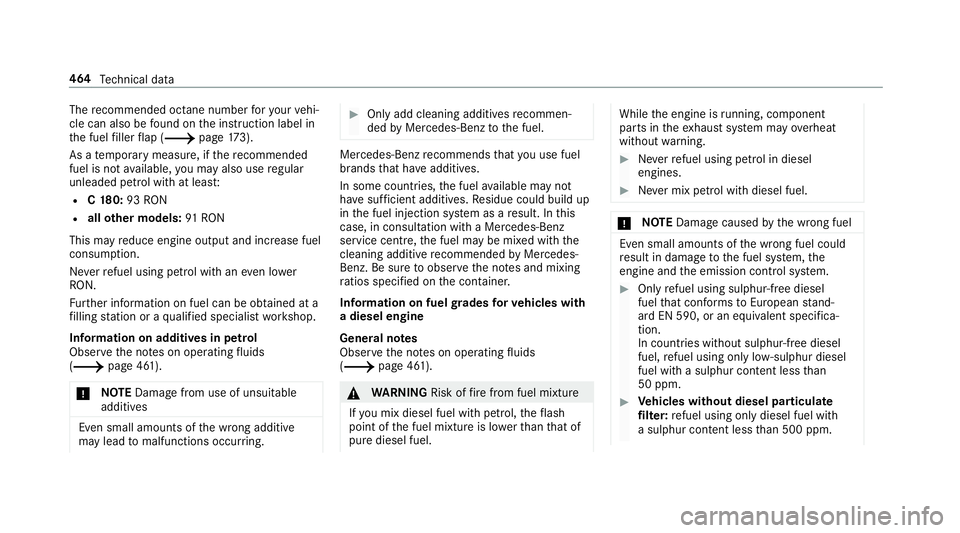 MERCEDES-BENZ C-CLASS COUPE 2018  Owners Manual The
recommended octane number foryo ur vehi‐
cle can also be found on the instruction label in
th e fuel filler flap (0013 page173).
As a temp orary measure, if there commended
fuel is not available