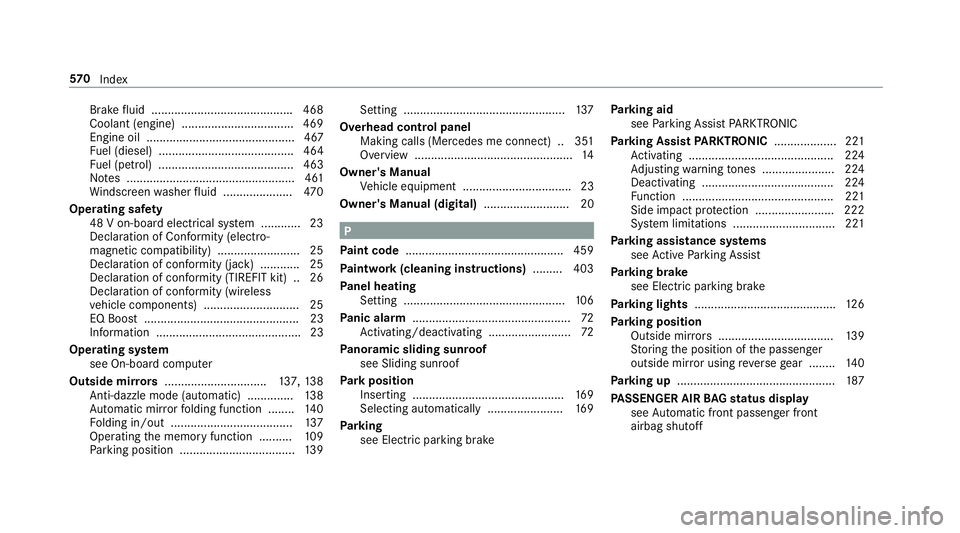 MERCEDES-BENZ C-CLASS COUPE 2018 Owners Manual Brake
fluid .......................................... .468
Coolant (engine) .................................. 469
Engine oil ............................................. 467
Fu el (diesel) ........ MERCEDES-BENZ C-CLASS COUPE 2018 Owners Manual Brake
fluid .......................................... .468
Coolant (engine) .................................. 469
Engine oil ............................................. 467
Fu el (diesel) ........