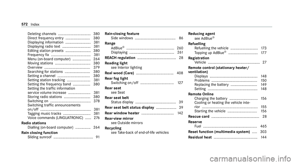 MERCEDES-BENZ C-CLASS COUPE 2018 Owners Manual Del
eting channels ................................ 380
Direct frequency ent ry........................ 380
Displaying information ......................... 381
Displaying radio text ................. MERCEDES-BENZ C-CLASS COUPE 2018 Owners Manual Del
eting channels ................................ 380
Direct frequency ent ry........................ 380
Displaying information ......................... 381
Displaying radio text .................