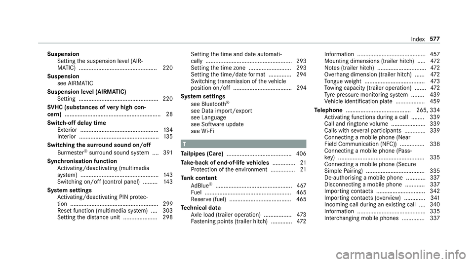 MERCEDES-BENZ C-CLASS COUPE 2018 Owners Manual Suspension
Setting the suspension le vel (AIR‐
MATIC) ................................................ 220
Suspension see AIRMATIC
Suspension le vel (AIRMATIC)
Setting .............................. MERCEDES-BENZ C-CLASS COUPE 2018 Owners Manual Suspension
Setting the suspension le vel (AIR‐
MATIC) ................................................ 220
Suspension see AIRMATIC
Suspension le vel (AIRMATIC)
Setting ..............................