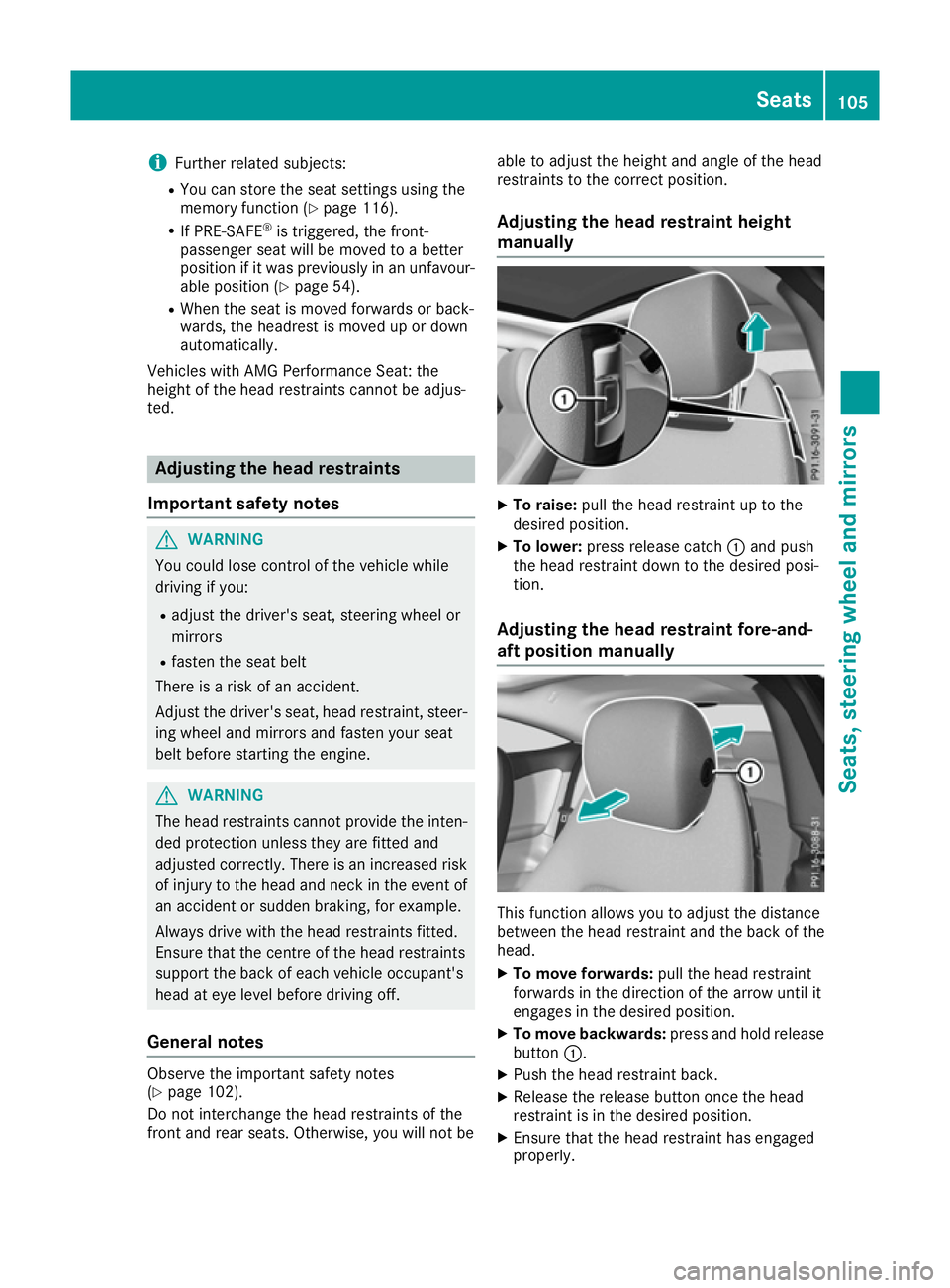 MERCEDES-BENZ C-CLASS COUPE 2015 Owners Manual i
Furthe rrelated subjects:
R You can store the sea tsetting susing the
memory function (Y page 116).
R If PRE-SAFE ®
is triggered ,the front-
passenger sea twillbem ovedtoab etter
positio nifitw asp MERCEDES-BENZ C-CLASS COUPE 2015 Owners Manual i
Furthe rrelated subjects:
R You can store the sea tsetting susing the
memory function (Y page 116).
R If PRE-SAFE ®
is triggered ,the front-
passenger sea twillbem ovedtoab etter
positio nifitw asp