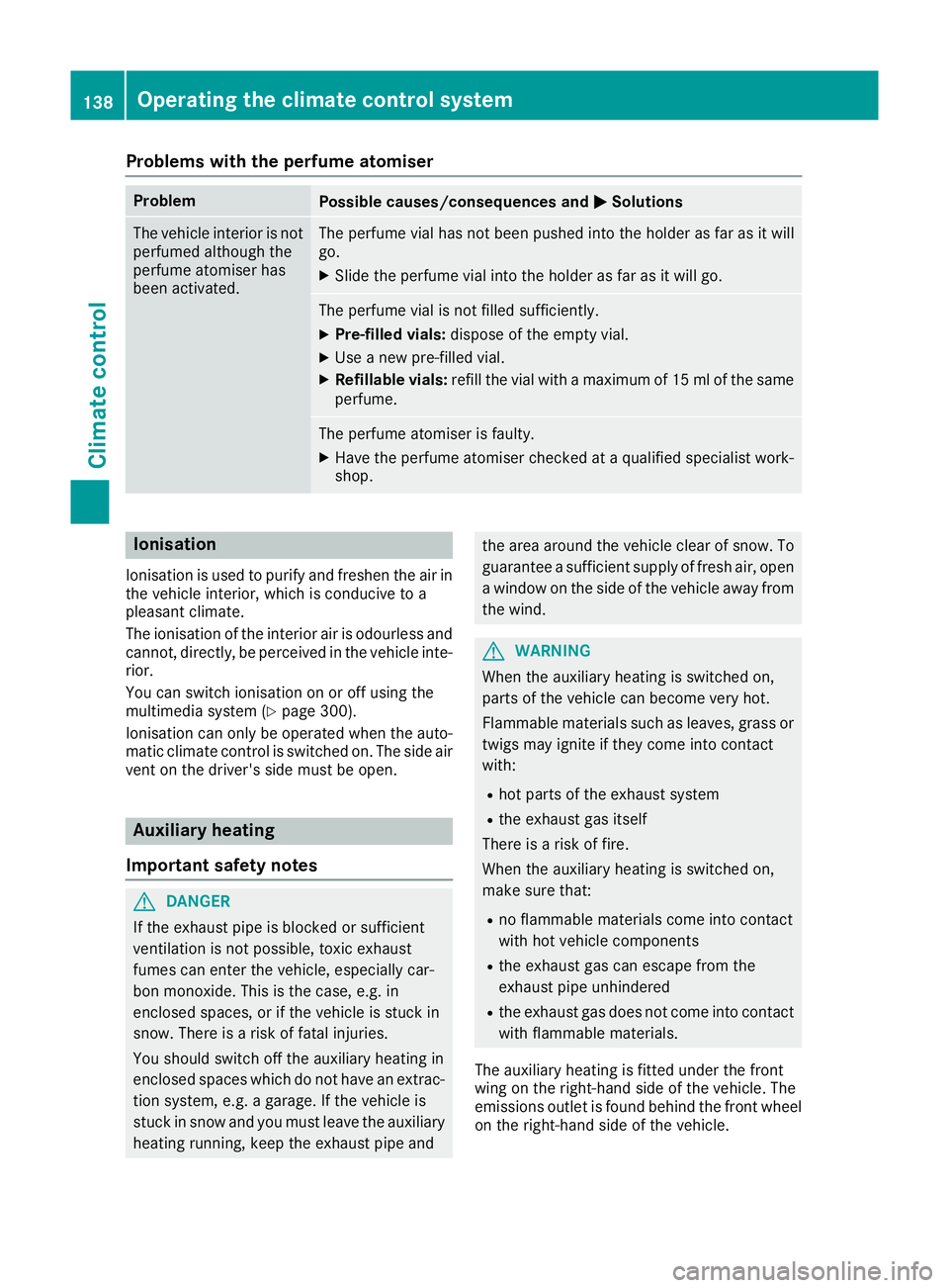 MERCEDES-BENZ C-CLASS COUPE 2015 Owners Manual Problems with the perfume atomiser
Problem
Possible causes/consequences and
M
MSolutions The vehicle interior is not
perfumed although the
perfume atomiser has
been activated. The perfume vial has not MERCEDES-BENZ C-CLASS COUPE 2015 Owners Manual Problems with the perfume atomiser
Problem
Possible causes/consequences and
M
MSolutions The vehicle interior is not
perfumed although the
perfume atomiser has
been activated. The perfume vial has not