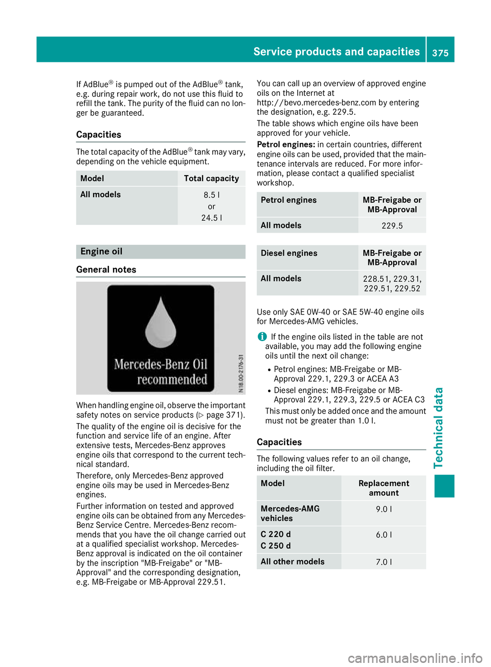 MERCEDES-BENZ C-CLASS COUPE 2015 User Guide If AdBlue
®
is pumpedo ut of the AdBlue ®
tank,
e.g. during repairw ork, do not use this fluidto
refill the tank. The purity of the fluidc an no lon-
ger be guaranteed.
Capacities The total capacity MERCEDES-BENZ C-CLASS COUPE 2015 User Guide If AdBlue
®
is pumpedo ut of the AdBlue ®
tank,
e.g. during repairw ork, do not use this fluidto
refill the tank. The purity of the fluidc an no lon-
ger be guaranteed.
Capacities The total capacity
