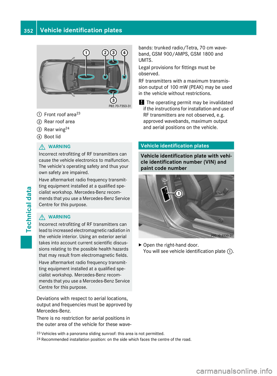 MERCEDES-BENZ C-CLASS COUPE 2011 Owners Manual :
Front roof area 23
; Rear roof area
= Rear wing 24
? Boot lid G
WARNING
Incorrect retrofitting of RF transmitters can
cause the vehicle electronics to malfunction.
The vehicle's operating safety MERCEDES-BENZ C-CLASS COUPE 2011 Owners Manual :
Front roof area 23
; Rear roof area
= Rear wing 24
? Boot lid G
WARNING
Incorrect retrofitting of RF transmitters can
cause the vehicle electronics to malfunction.
The vehicle's operating safety