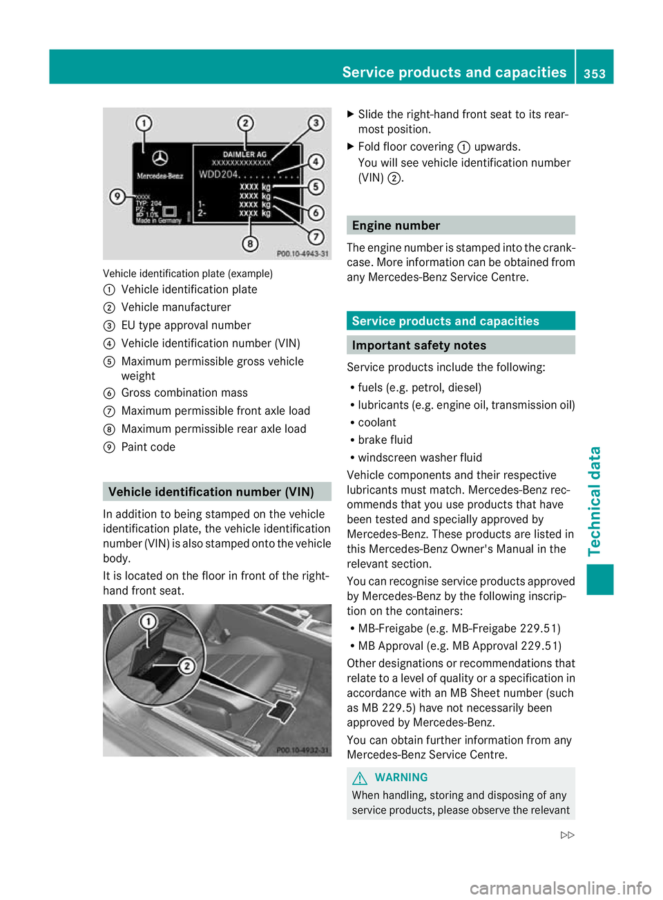 MERCEDES-BENZ C-CLASS COUPE 2011 Owners Manual Vehicle identification plate (example)
:
Vehicle identification plate
; Vehicle manufacturer
= EU type approval number
? Vehicle identification number (VIN)
A Maximum permissible gross vehicle
weight
MERCEDES-BENZ C-CLASS COUPE 2011 Owners Manual Vehicle identification plate (example)
:
Vehicle identification plate
; Vehicle manufacturer
= EU type approval number
? Vehicle identification number (VIN)
A Maximum permissible gross vehicle
weight