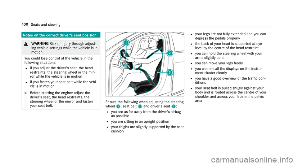 MERCEDES-BENZ C-CLASS SALOON 2018 Owners Manual Note
s onthe cor rect driver's seat position 000A
WARNING Risk of inju rythro ugh adjust‐
ing vehicle settings while theve hicle is in
motion
Yo u could lose cont rol of theve hicle in the
fo ll MERCEDES-BENZ C-CLASS SALOON 2018 Owners Manual Note
s onthe cor rect driver's seat position 000A
WARNING Risk of inju rythro ugh adjust‐
ing vehicle settings while theve hicle is in
motion
Yo u could lose cont rol of theve hicle in the
fo ll
