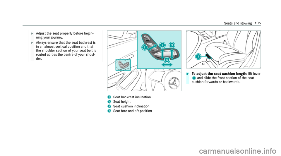 MERCEDES-BENZ C-CLASS SALOON 2018 Owners Manual 0007
Adjust the seat proper lybefore begin‐
ning your journe y. 0007
Alw ays ensure that the seat backrest is
in an almost vertical position and that
th e shoulder section of your seat belt is
ro ut MERCEDES-BENZ C-CLASS SALOON 2018 Owners Manual 0007
Adjust the seat proper lybefore begin‐
ning your journe y. 0007
Alw ays ensure that the seat backrest is
in an almost vertical position and that
th e shoulder section of your seat belt is
ro ut