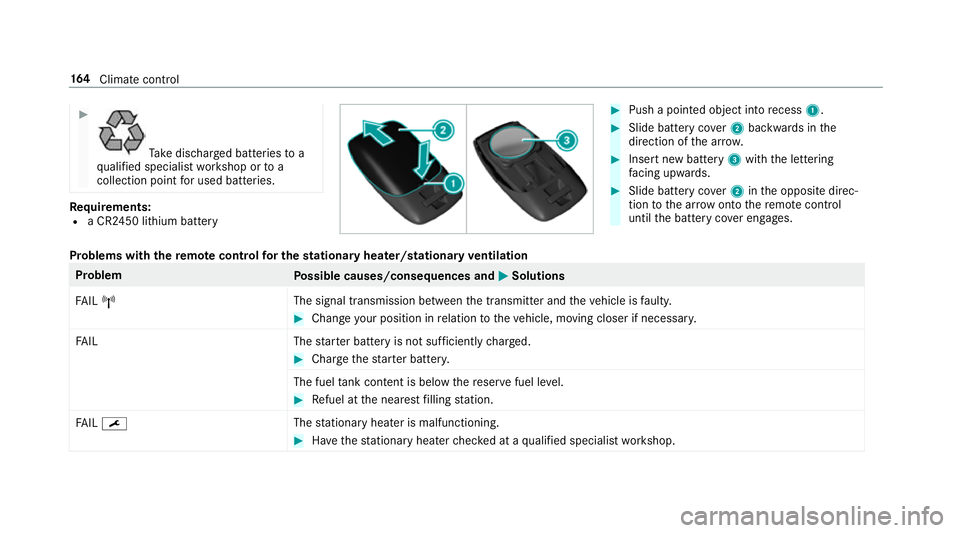 MERCEDES-BENZ C-CLASS SALOON 2018 Owners Manual 0007
Ta
ke dischar ged batteries to a
qu alified specialist workshop or to a
collection point for used batteries. Re
quirements:
R a CR2450 lithium battery 0007
Push a pointed object into recess 1. 00 MERCEDES-BENZ C-CLASS SALOON 2018 Owners Manual 0007
Ta
ke dischar ged batteries to a
qu alified specialist workshop or to a
collection point for used batteries. Re
quirements:
R a CR2450 lithium battery 0007
Push a pointed object into recess 1. 00