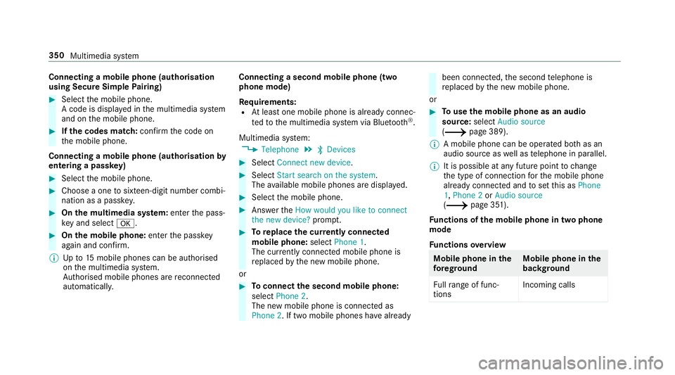 MERCEDES-BENZ C-CLASS SALOON 2018 Owners Manual Connecting a mobile phone (au
thorisation
using Secure Simple Pairing) 0007
Select the mobile phone.
A code is displa yed in the multimedia sy stem
and on the mobile phone. 0007
Ifth e codes match: co MERCEDES-BENZ C-CLASS SALOON 2018 Owners Manual Connecting a mobile phone (au
thorisation
using Secure Simple Pairing) 0007
Select the mobile phone.
A code is displa yed in the multimedia sy stem
and on the mobile phone. 0007
Ifth e codes match: co