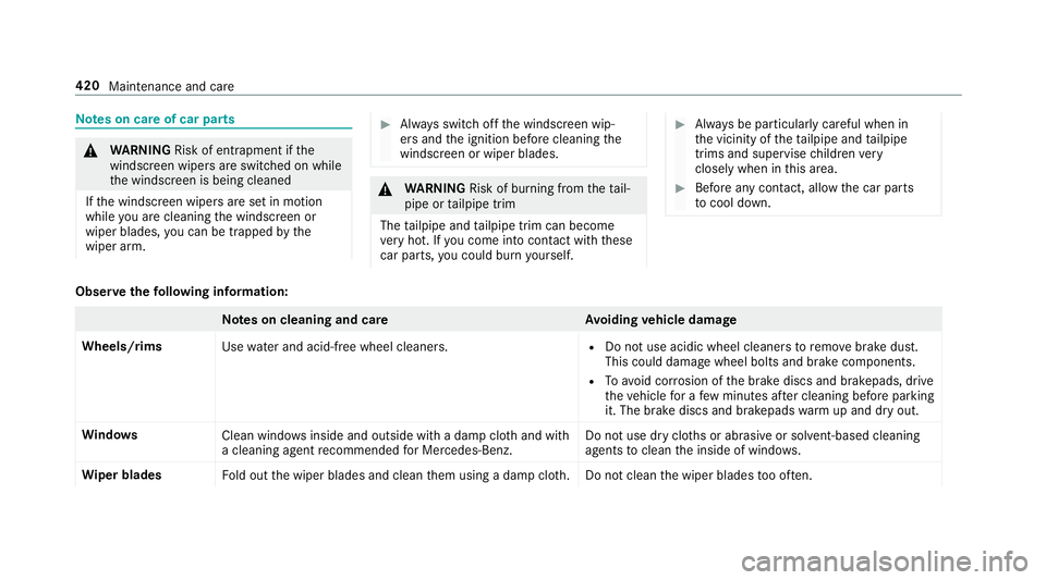 MERCEDES-BENZ C-CLASS SALOON 2018 Owners Manual Note
s on care of car parts 000A
WARNING Risk of entrapment if the
windscreen wipers are swit ched on while
th e windscreen is being cleaned
If th e windscreen wipers are set in motion
while you are c MERCEDES-BENZ C-CLASS SALOON 2018 Owners Manual Note
s on care of car parts 000A
WARNING Risk of entrapment if the
windscreen wipers are swit ched on while
th e windscreen is being cleaned
If th e windscreen wipers are set in motion
while you are c