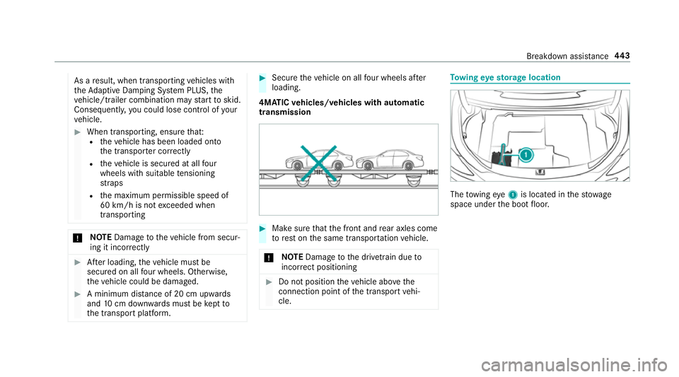 MERCEDES-BENZ C-CLASS SALOON 2018  Owners Manual As a
result, when transporting vehicles with
th eAd aptive Damping Sy stem PLUS, the
ve hicle/trailer combination may start toskid.
Consequentl y,yo u could lose cont rol of your
ve hicle. 0007
When t