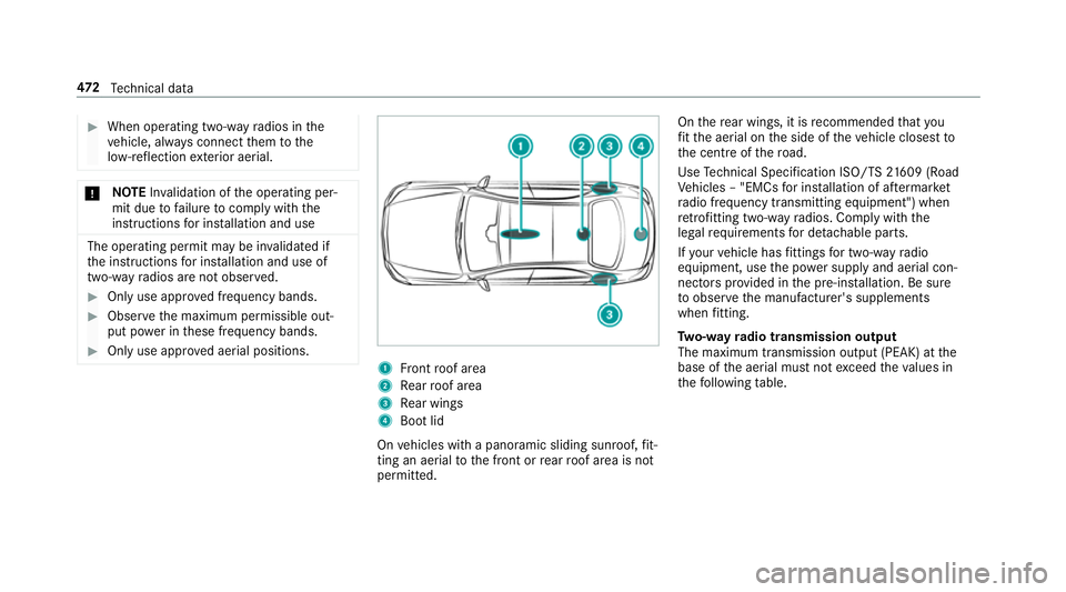 MERCEDES-BENZ C-CLASS SALOON 2018  Owners Manual 0007
When operating two-w ayradios in the
ve hicle, alw ays connect them tothe
lo w- reflection exterior aerial. 000E
NO
TEInva lidation of the operating per‐
mit due tofailure tocomply wi th the
in