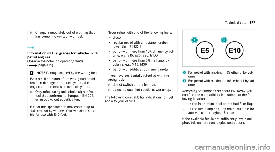 MERCEDES-BENZ C-CLASS SALOON 2018  Owners Manual 0007
Chan geimmediately out of clo thing that
has come into con tact wi thfuel. Fu
el Information on fuel
grades forve hicles with
petrol engines
Obser vethe no tes on operating fluids
(0013 page475).