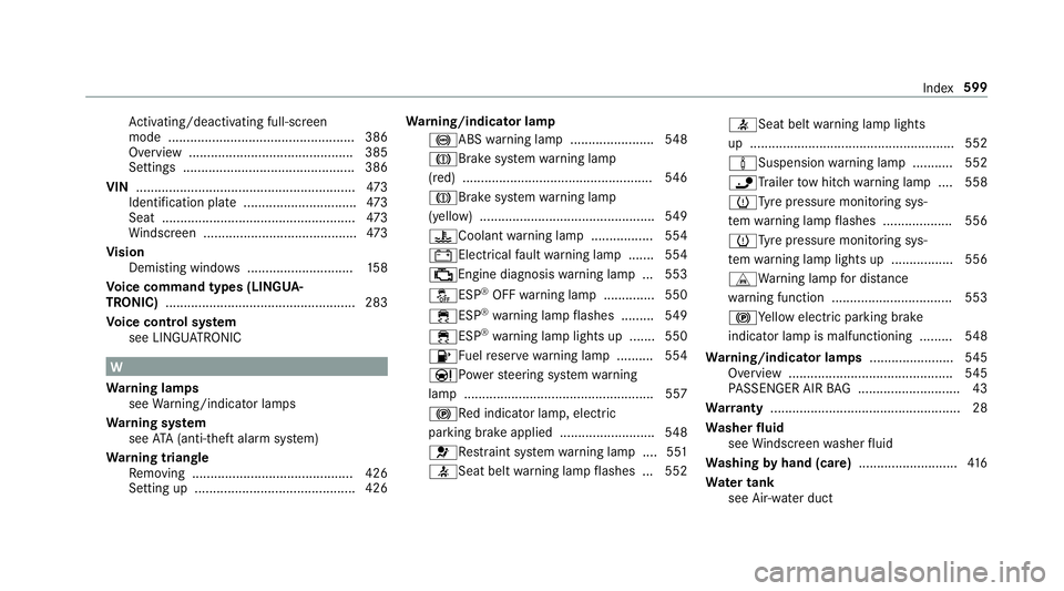 MERCEDES-BENZ C-CLASS SALOON 2018 Owners Manual Ac
tivating/deactivating full-screen
mode ................................................... 386
Overview ............................................ .385
Settings .................................. MERCEDES-BENZ C-CLASS SALOON 2018 Owners Manual Ac
tivating/deactivating full-screen
mode ................................................... 386
Overview ............................................ .385
Settings ..................................
