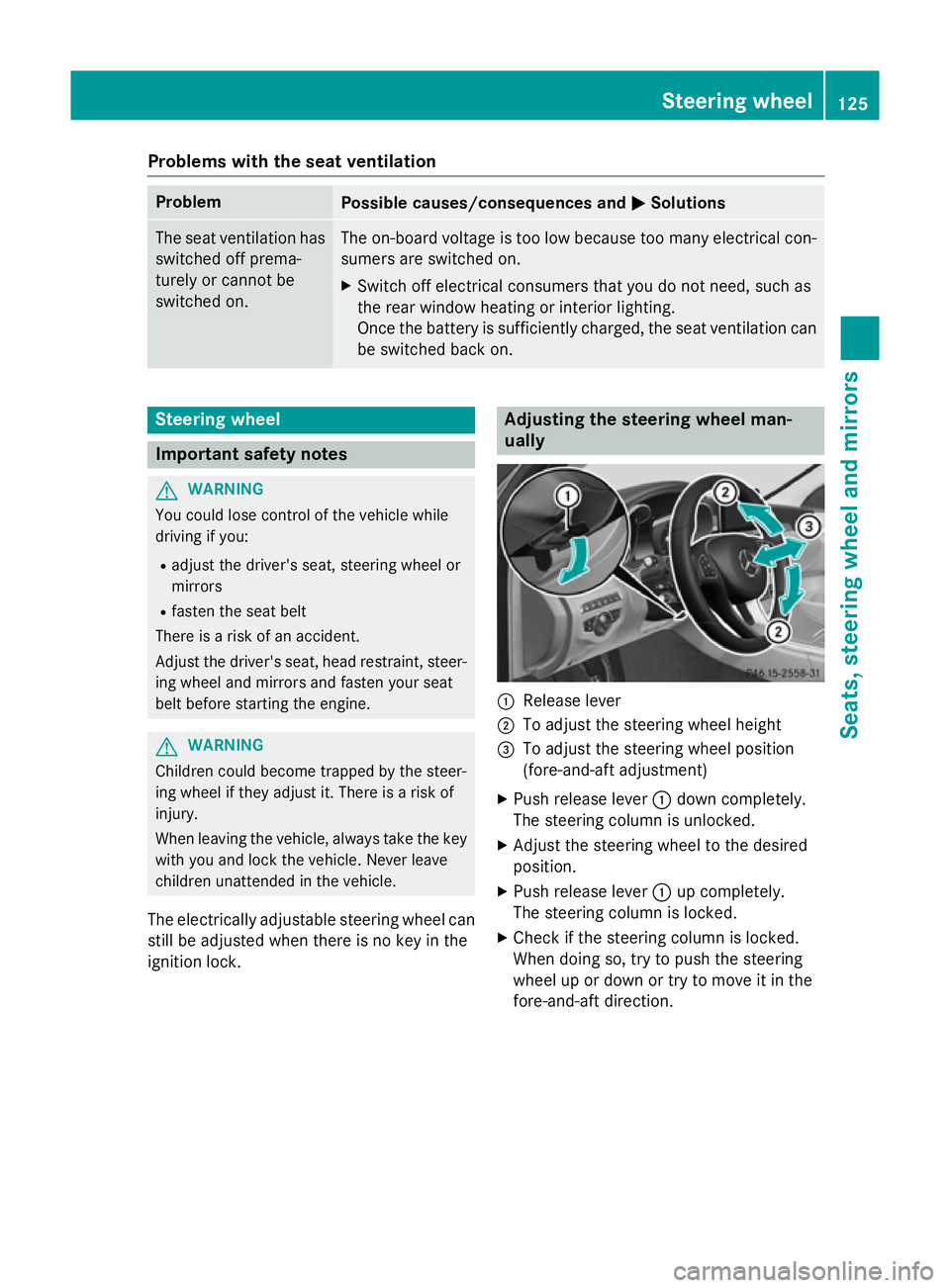 MERCEDES-BENZ C-CLASS SALOON 2014 Owners Manual Problems with the seat ventilation
Problem
Possible causes/consequences and
M
MSolutions The seat ventilation has
switched off prema-
turely or cannot be
switched on. The on-board voltage is too low b MERCEDES-BENZ C-CLASS SALOON 2014 Owners Manual Problems with the seat ventilation
Problem
Possible causes/consequences and
M
MSolutions The seat ventilation has
switched off prema-
turely or cannot be
switched on. The on-board voltage is too low b