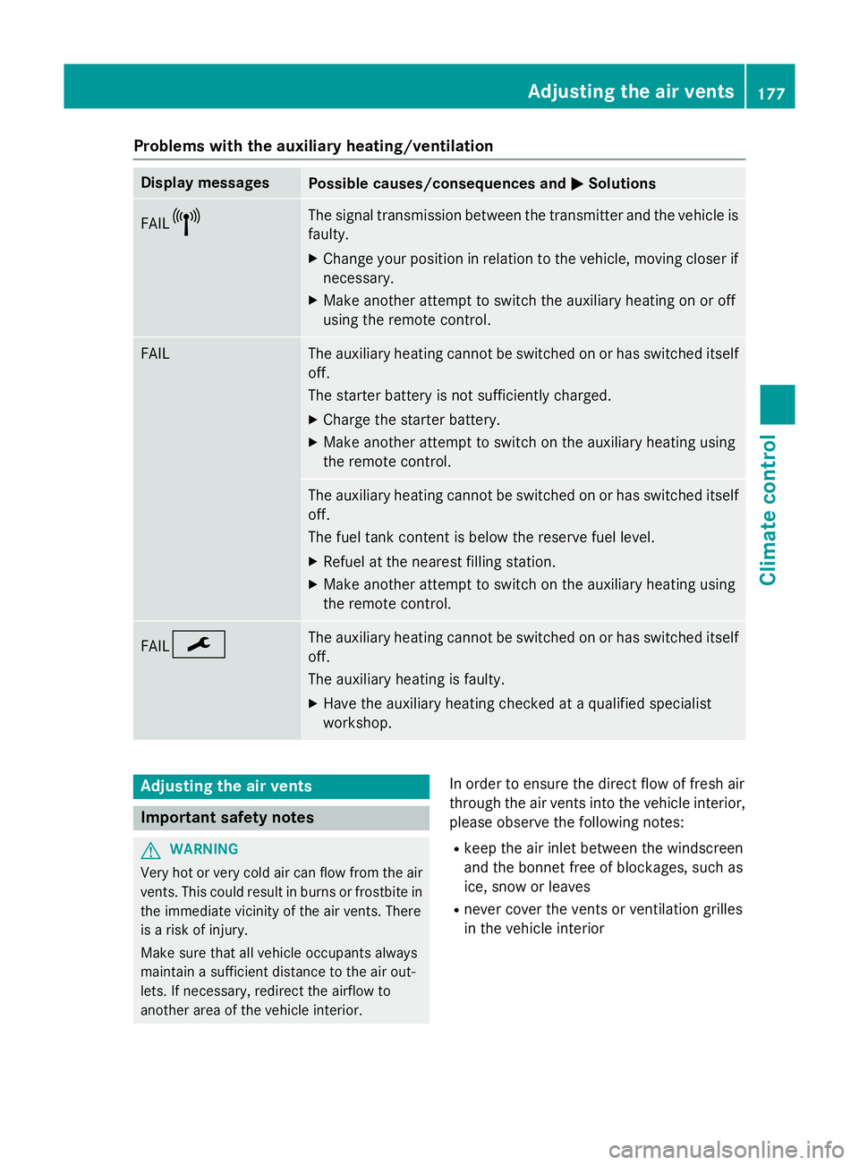 MERCEDES-BENZ C-CLASS SALOON 2014  Owners Manual Problems with the auxiliary heating/ventilation
Display messages
Possible causes/consequences and
M
MSolutions FAIL¨ The signal transmission between the transmitter and the vehicle is
faulty.
X Chang