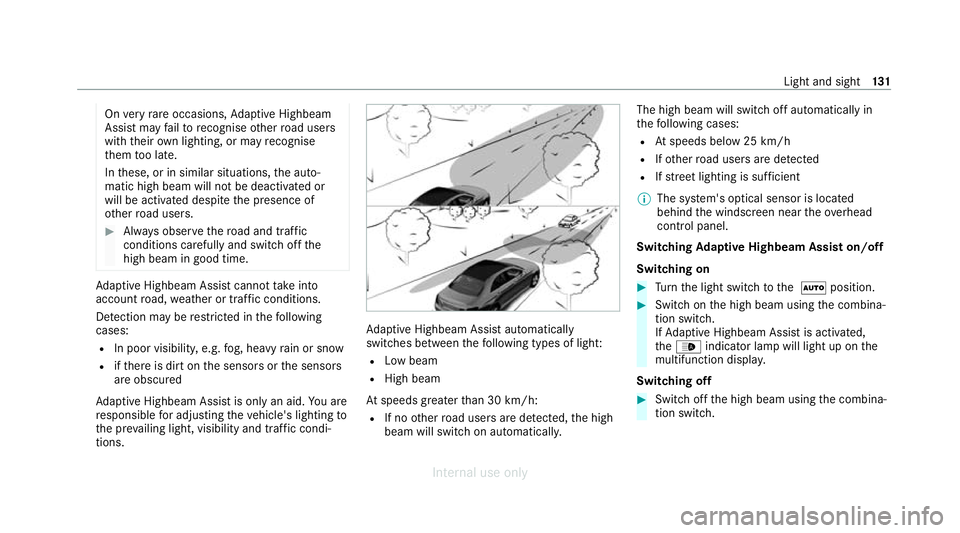 MERCEDES-BENZ C-CLASS SALOON 2012  Owners Manual On
very rare occasions, Adaptive Highbeam
Assist may failto recognise other road users
with their own lighting, or may recognise
th em too late.
In these, or in similar situations, the auto‐
matic h
